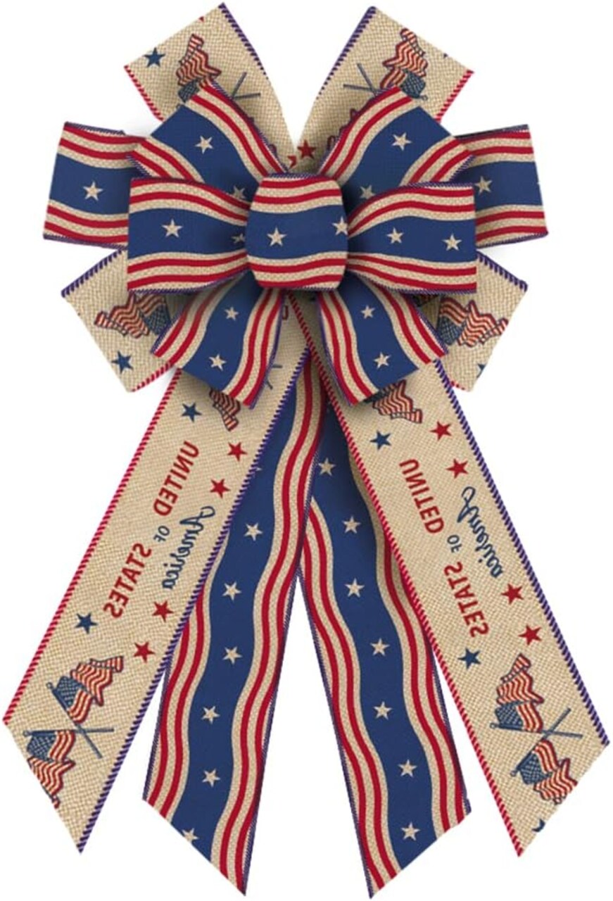 Patriotic Bows for Wreath, American Flag Wreath Bows, Natural Burlap Bows, Memorial Day, 4th of July Decorations